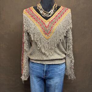 Vintage French Rags Hand Loomed Sweater Fringe Boho Western Style Rayon Size 2